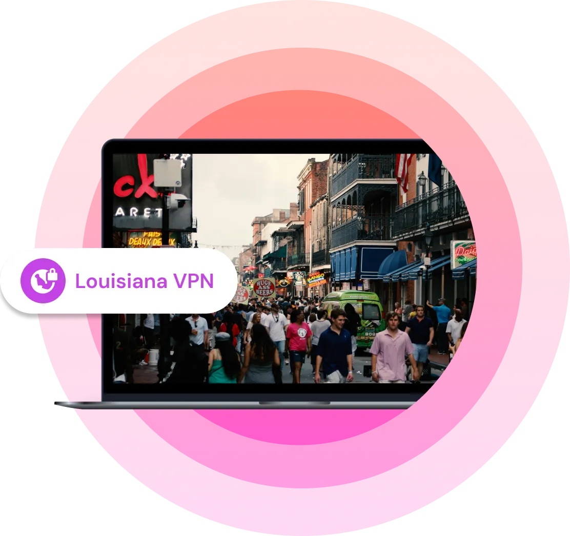 Laptop with an image of a crowded street in the middle of a city in Louisiana